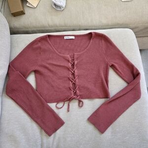 Aster Ribbed Long Sleeve Open Lace Tie Front Dusty Rose Crop Top Pink Medium
